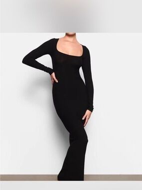 SKIMS Black Long-Sleeve Square Neck Bodycon Maxi Dress
